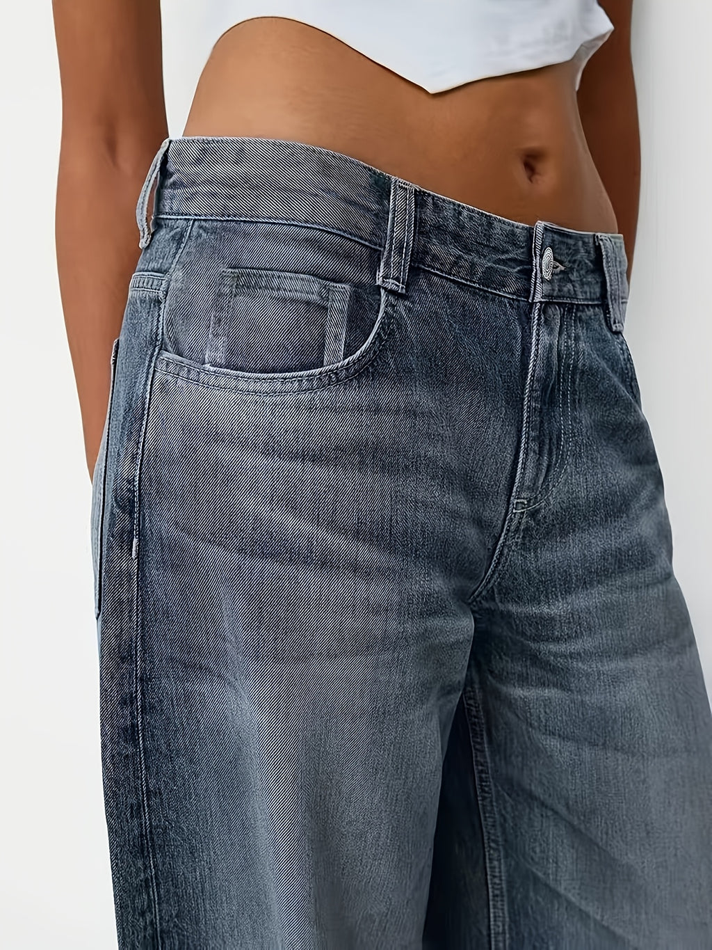 WOMEN New Plus-size Blue Casual Washed Denim Wide-leg Pants