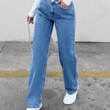 Women High-Elastic Straight-Leg Full-Length Jeans Pants -Med Wash Washed