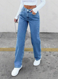 Women High-Elastic Straight-Leg Full-Length Jeans Pants -Med Wash Washed