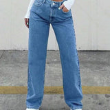 Women High-Elastic Straight-Leg Full-Length Jeans Pants -Med Wash Washed
