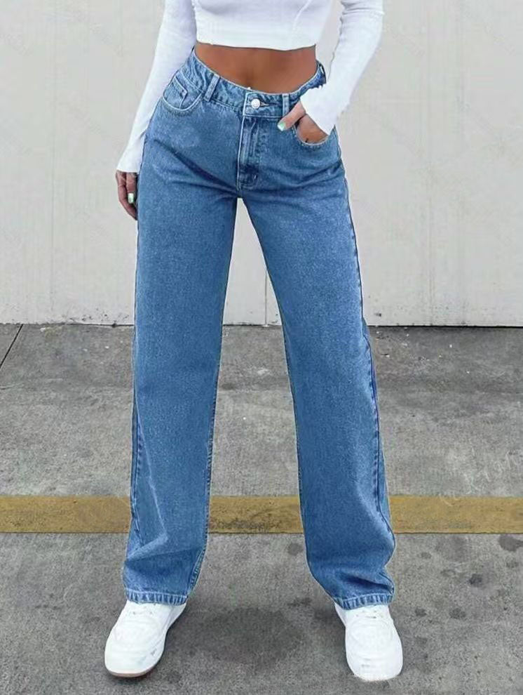 Women High-Elastic Straight-Leg Full-Length Jeans Pants -Med Wash Washed