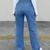 Women High-Elastic Straight-Leg Full-Length Jeans Pants -Med Wash Washed