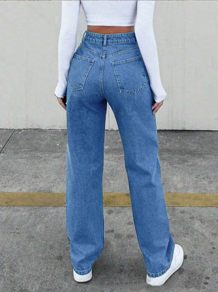 Women High-Elastic Straight-Leg Full-Length Jeans Pants -Med Wash Washed