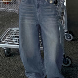 Fashionable New Plus-size Blue Casual Washed Denim Wide-leg Pants