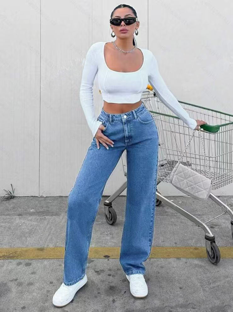 Women High-Elastic Straight-Leg Full-Length Jeans Pants -Med Wash Washed