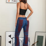 Washed Contrast Flared Jeans with Blue and Red Interwoven Texture