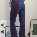 Washed Contrast Flared Jeans with Blue and Red Interwoven Texture