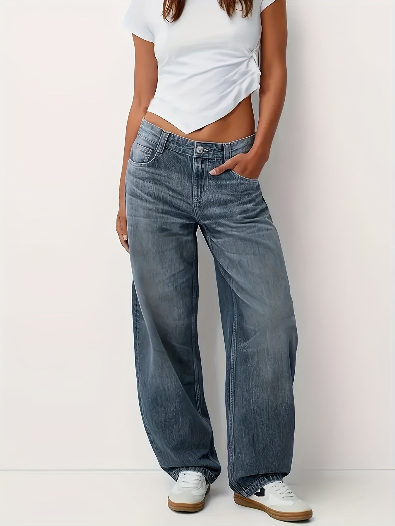WOMEN New Plus-size Blue Casual Washed Denim Wide-leg Pants