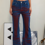 Washed Contrast Flared Jeans with Blue and Red Interwoven Texture