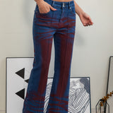 Washed Contrast Flared Jeans with Blue and Red Interwoven Texture