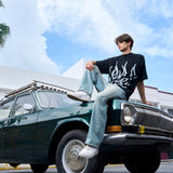Men's Loose Fit Black Flame Graphic T-Shirt