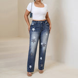 Distressed Wide-Leg Denim Jeans with Star Embroidery