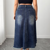 Women's Plus High - Waisted Asymmetric Hem Distressed Denim Midi Skirt