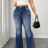 Women's Plus High Waisted Flare Jeans with Lace Side Detailing