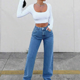 Women High-Elastic Straight-Leg Full-Length Jeans Pants -Med Wash Washed