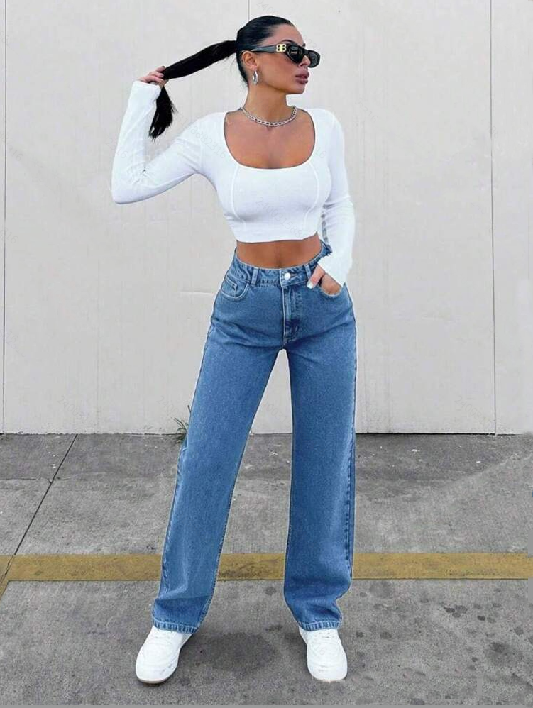 Women High-Elastic Straight-Leg Full-Length Jeans Pants -Med Wash Washed