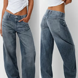 WOMEN New Plus-size Blue Casual Washed Denim Wide-leg Pants