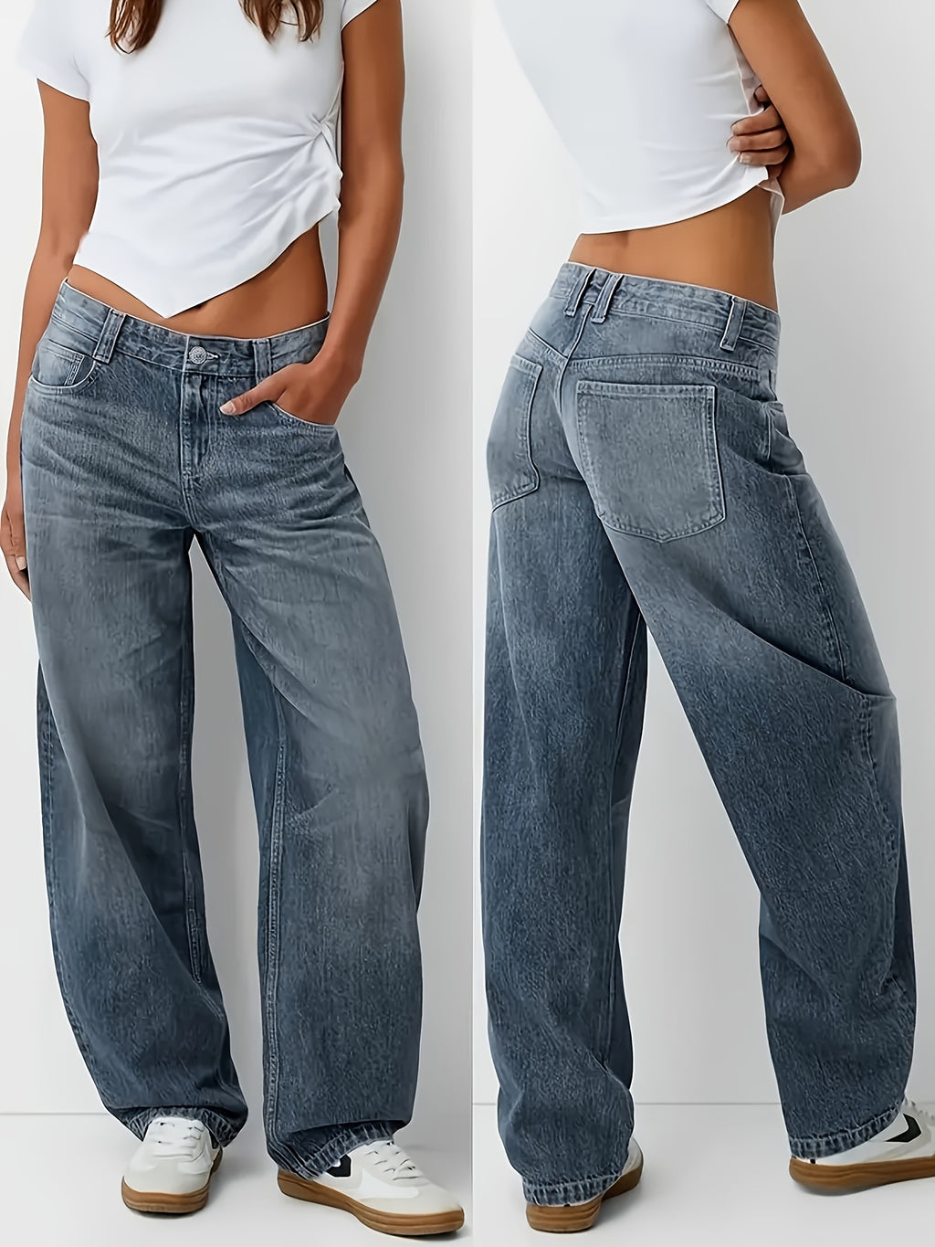 WOMEN New Plus-size Blue Casual Washed Denim Wide-leg Pants